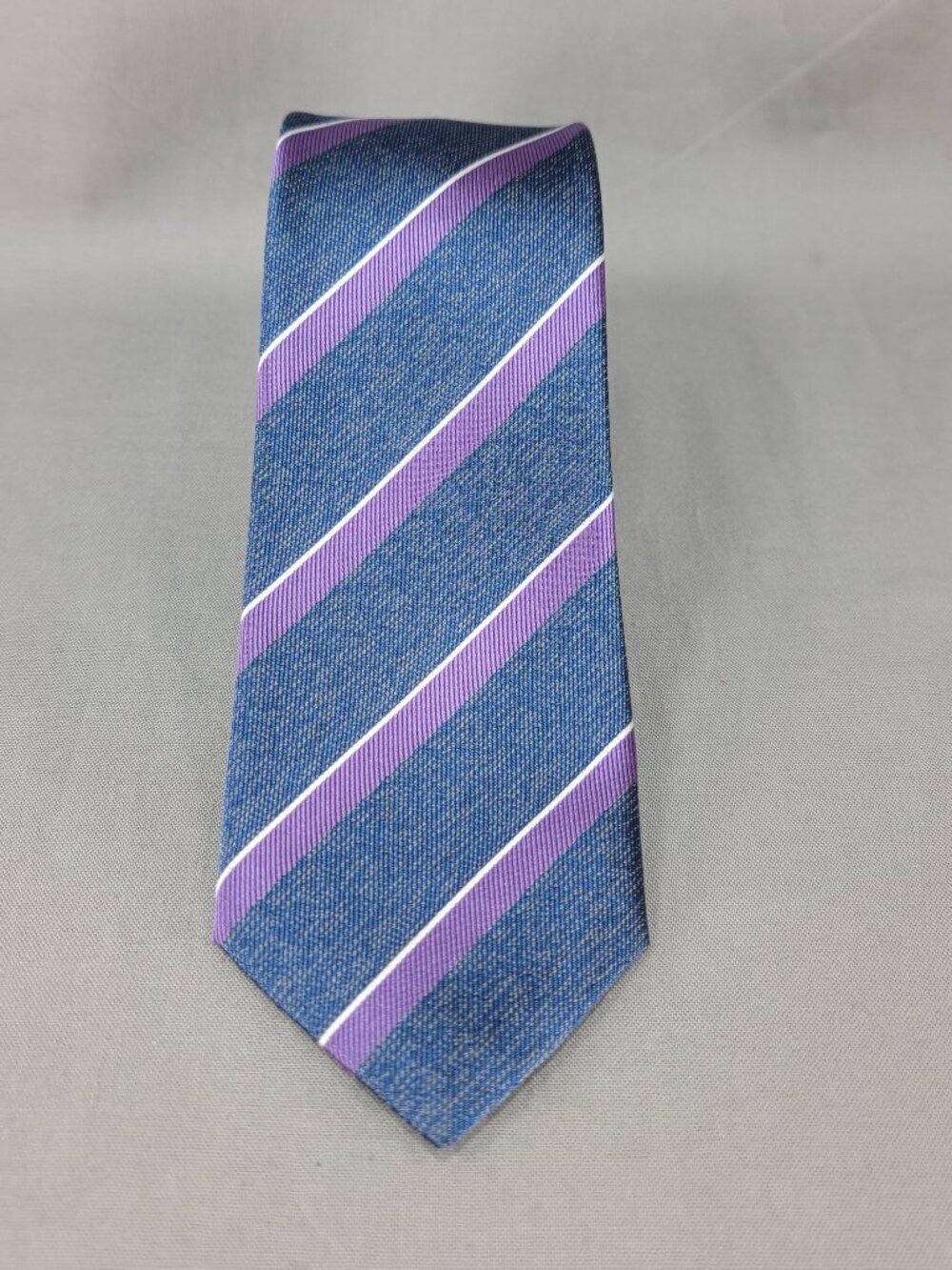 RW&Co Necktie Tie Mens Blue Purple White Silk Repp Stripe Trad Ivy Preppy Style
